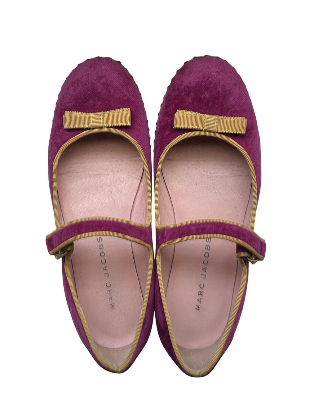 Marc Jacobs Pink Purple Red Velvet Ballet Flats Mary Jane Yellow Bow Accent